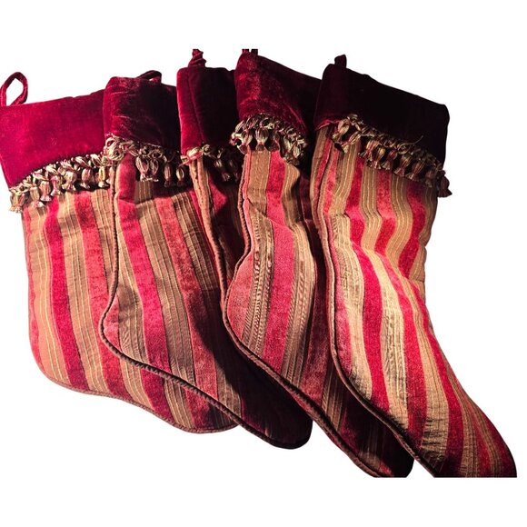 Set Of 5 christmas stockings Red Gold Striped Tassel Trim holiday decor festive - Picture 2 of 8